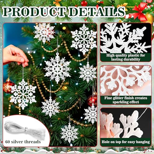 Image of 60pcs Snowflakes-Christmas Tree Decorations, Snowflake Ornaments for Tree, Plastic Glitter White Snow Flakes Ornaments, Christmas Indoor Winter Wonderland Decor