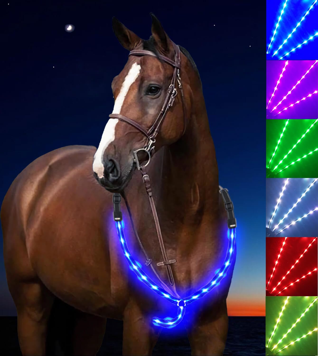 LED Horse Breastplate Collar, 6 Colors in 1 Light up Horse Tack, USB Rechargeable
