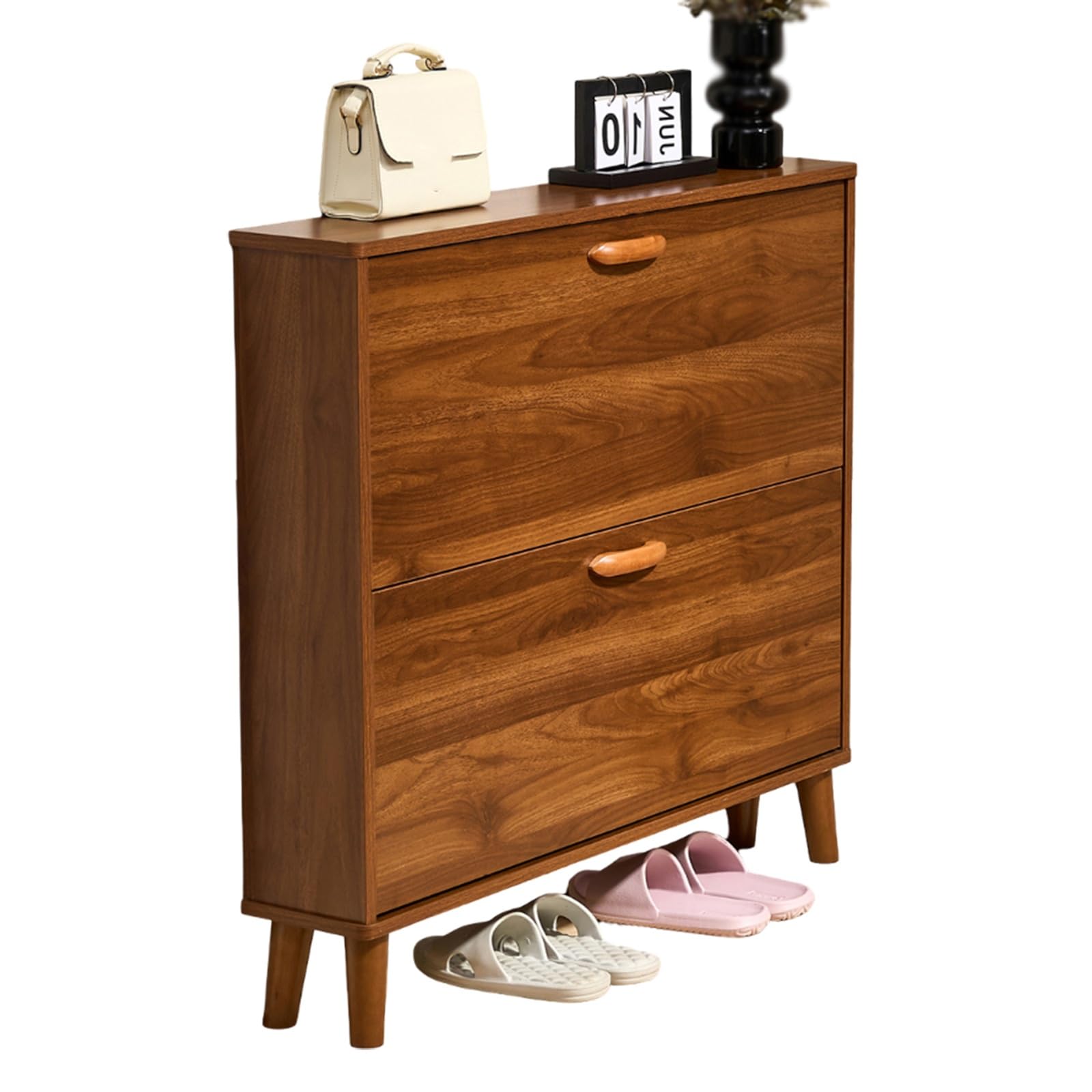LMYSXAOZ Rustic Shoe Cabinet with 2 Flip Drawers, Farmhouse Narrow MDF Board Storage Organiser Stand Legs, Freestanding Slim Shoes Rack for Entryway, Hallway, Foyer(L60cm x W17cm H83cm)