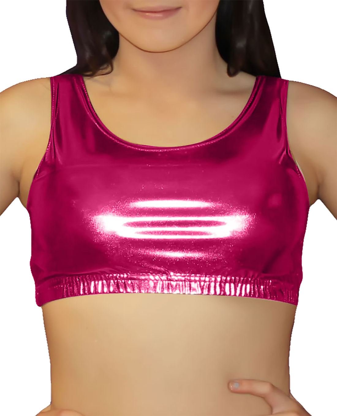 Girlzwalk Women's Hot Pink Shiny Metallic Wet Look Lycra Dance Party Wear Crop Top (, Sm 8-10)