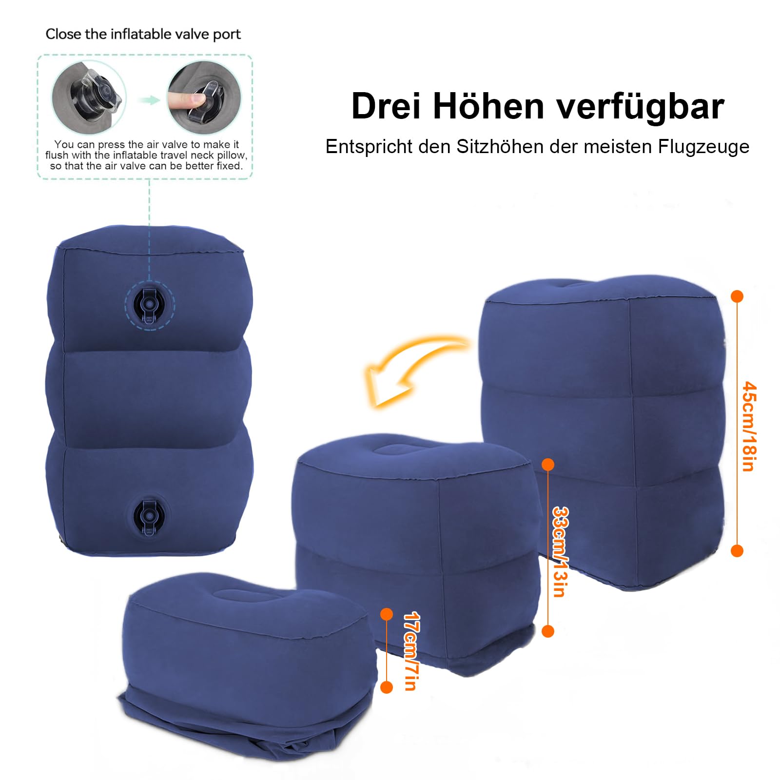 Altezza Regolabile Poggiapiedi Gonfiabile per Viaggiare | Regola L'altezza Gonfiando e Sgonfiando Completamente Gonfiato 43×30×45 cm - Comfort in Volo Auto Autobus Treno - Blu