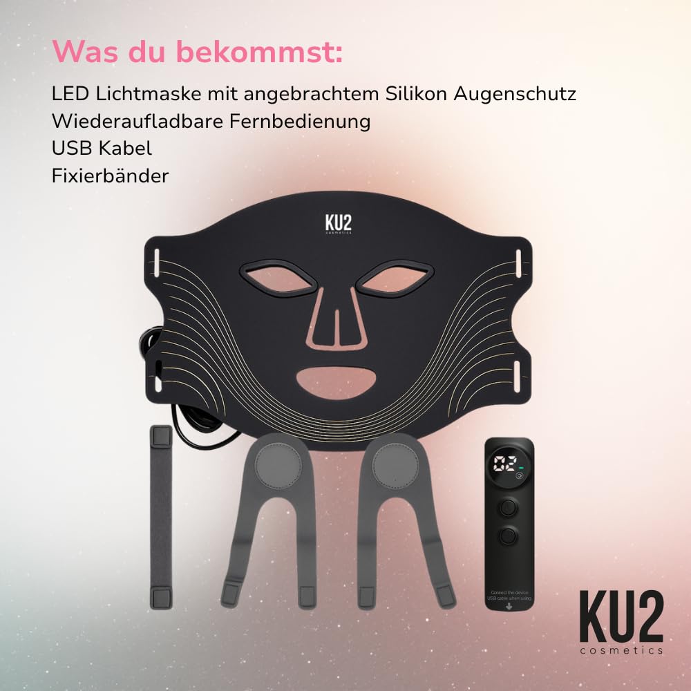 KU2 LED Gesichtsmaske mit 7 Lichtmodi – 180 LEDs für Anti Aging – Reduziert Falten, Akne & Rosacea – Lichttherapie Maske – Rotlichtmaske für zu Hause