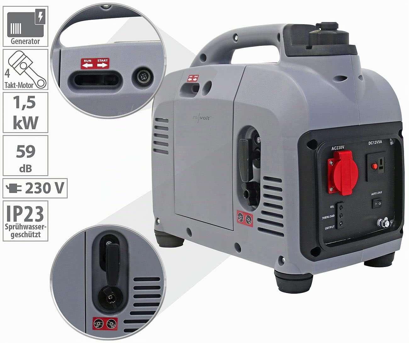 revolt Stromgenerator: Tragbarer Benzin-Inverter-Generator, 1.000 W, 230 V, 12 V, 2,6 l (Stromaggregat, Strom Inverter, Auto)