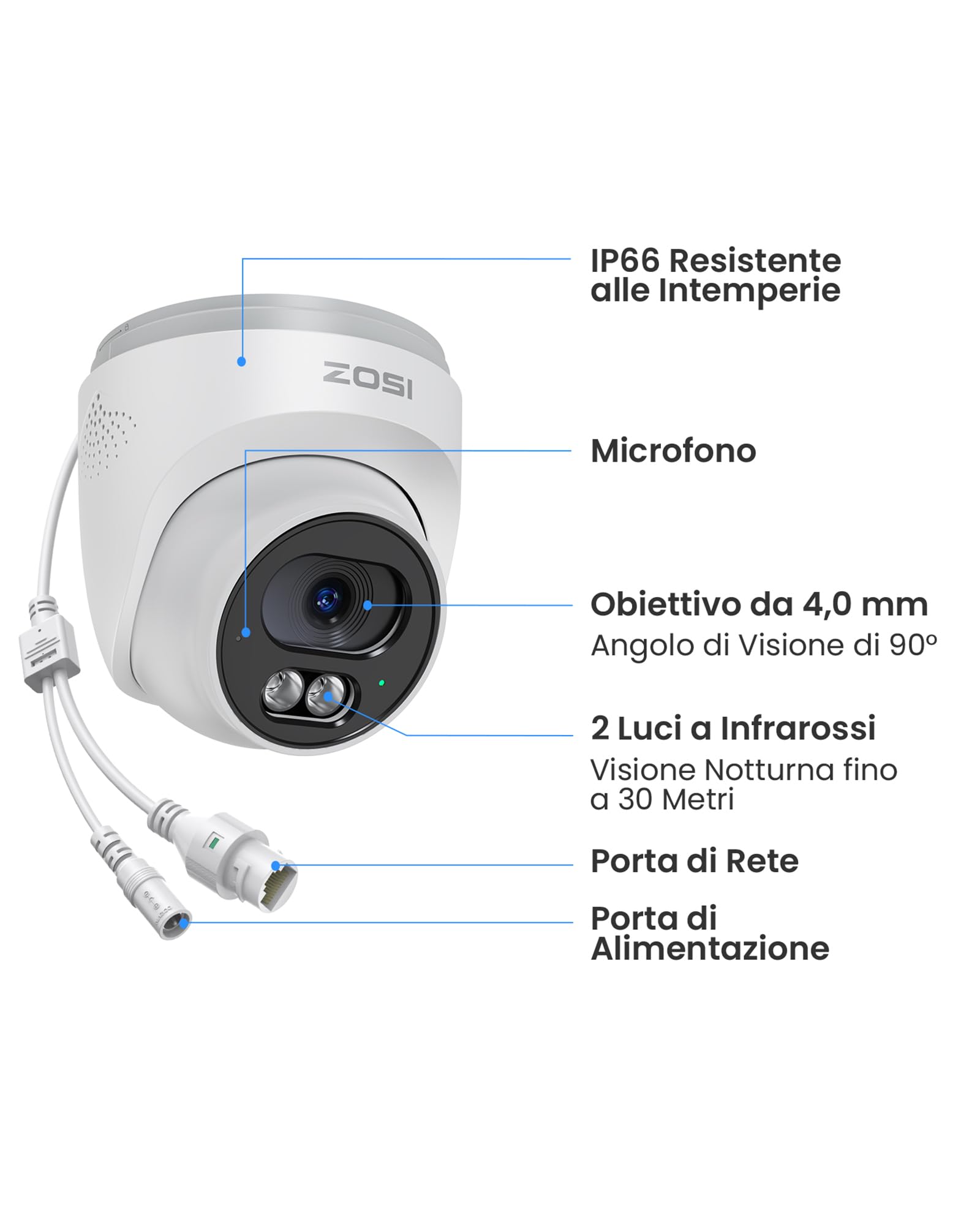 ZOSI 8MP PoE Telecamera di Sorveglianza Esterna, Rilevamento Persone/Veicoli, Visione Notturna IR 30 m, Compatibile SOLO con NVR PoE 4K della ZOSI, C220