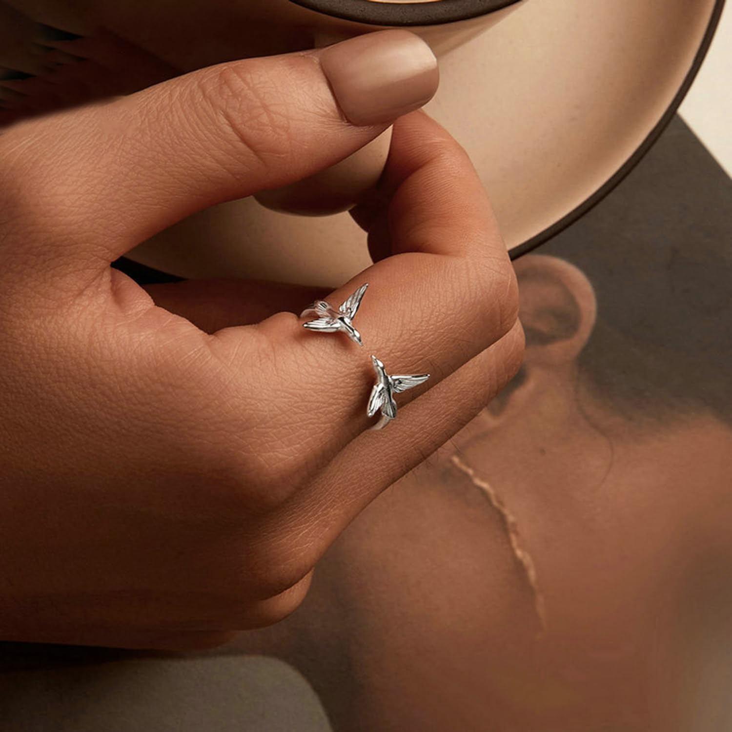 S925 Sterling Silber Doppel Eisvogel Öffnungsring, Süßer Vogel Stapelring, Fliegender Vogel Tier Verstellbarer Statement Ring, Offene Vogel Ringe Frauen