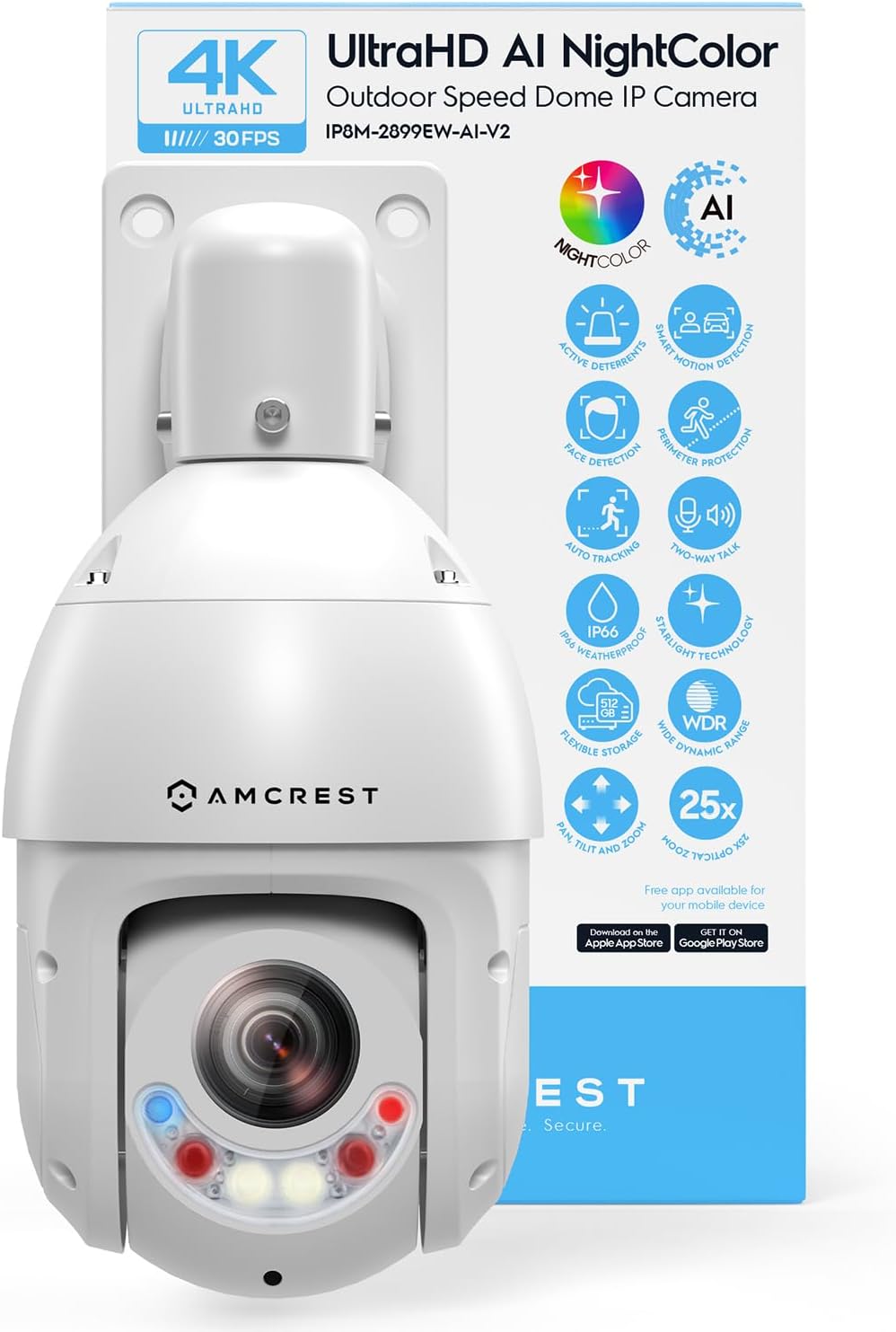 - Amcrest 4K (8MP) Outdoor PTZ POE + IP Camera Pan Tilt Zoom (Optical 25x Motorized) Human and Vehicle Detection AI, Perimeter Protection, 328ft Night Vision POE+ (802.3at) IP8M-2899EW-AI-V2
