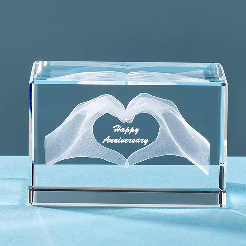 ERWEI Engraved with Happy Anniversary in Cube Crystal Glass Figurines Gifts for Her Him Valentines Gift for Man Girl Partner Wife Husband Couple