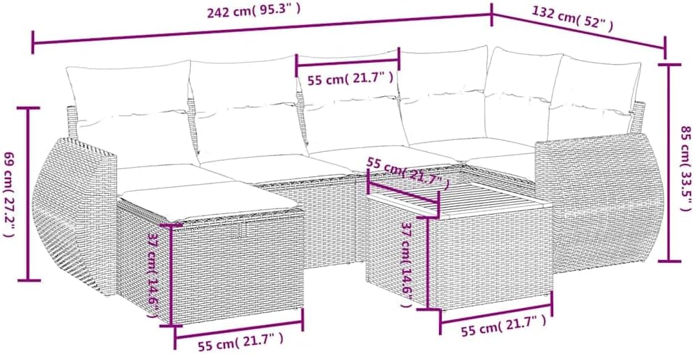7-tig Patio Sofa Set Gray Poly Rattan Cushions Comfortable Inviting for Backyard Terrace
