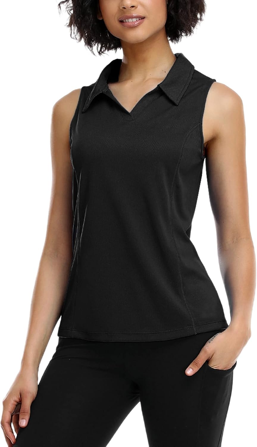 COOrun Women's Golf Polo Shirts Sleeveless Quick Dry Tennis T-Shirts Lightweight V-Neck with Collar Tank Top