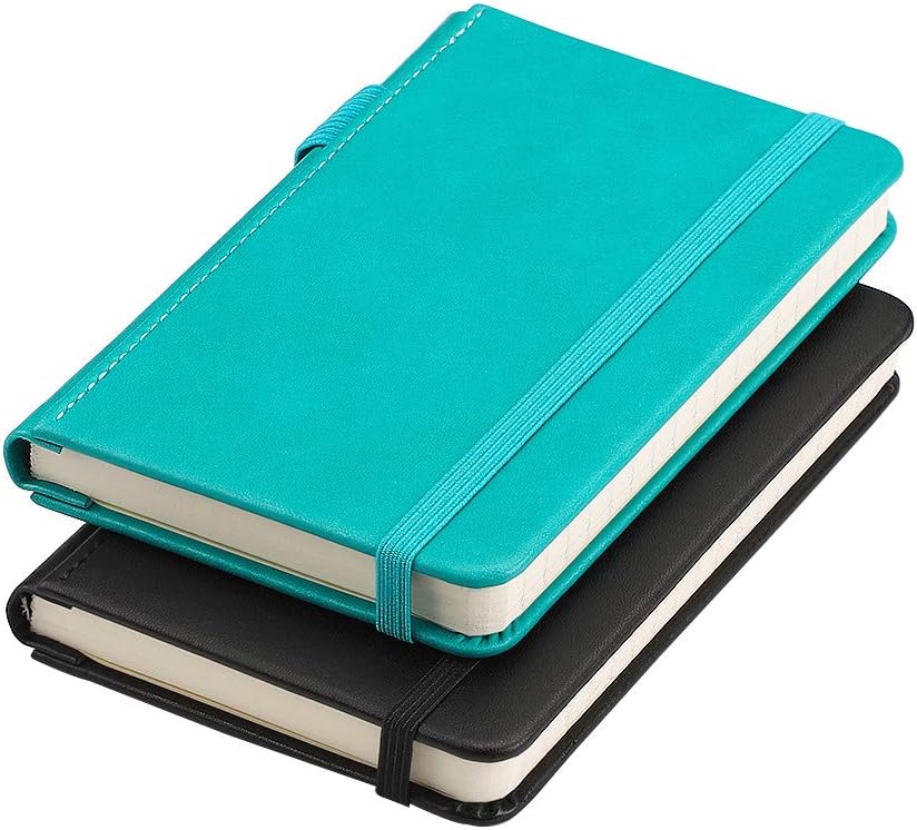 RETTACYPocket Notebook, 2-Pack, A6 Mini Lined Journal Notebook with 160 Numbered Pages per Pack, 3.5" × 5.5" Small Size, Notepad for Work, Leather Hardcover, 100 GSM Thick Paper (Black & Cyan)