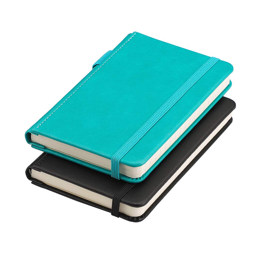 RETTACYPocket Notebook, 2-Pack, A6 Mini Lined Journal Notebook with 160 Numbered Pages per Pack, 3.5" × 5.5" Small Size, Notepad for Work, Leather Hardcover, 100 GSM Thick Paper (Black & Cyan)