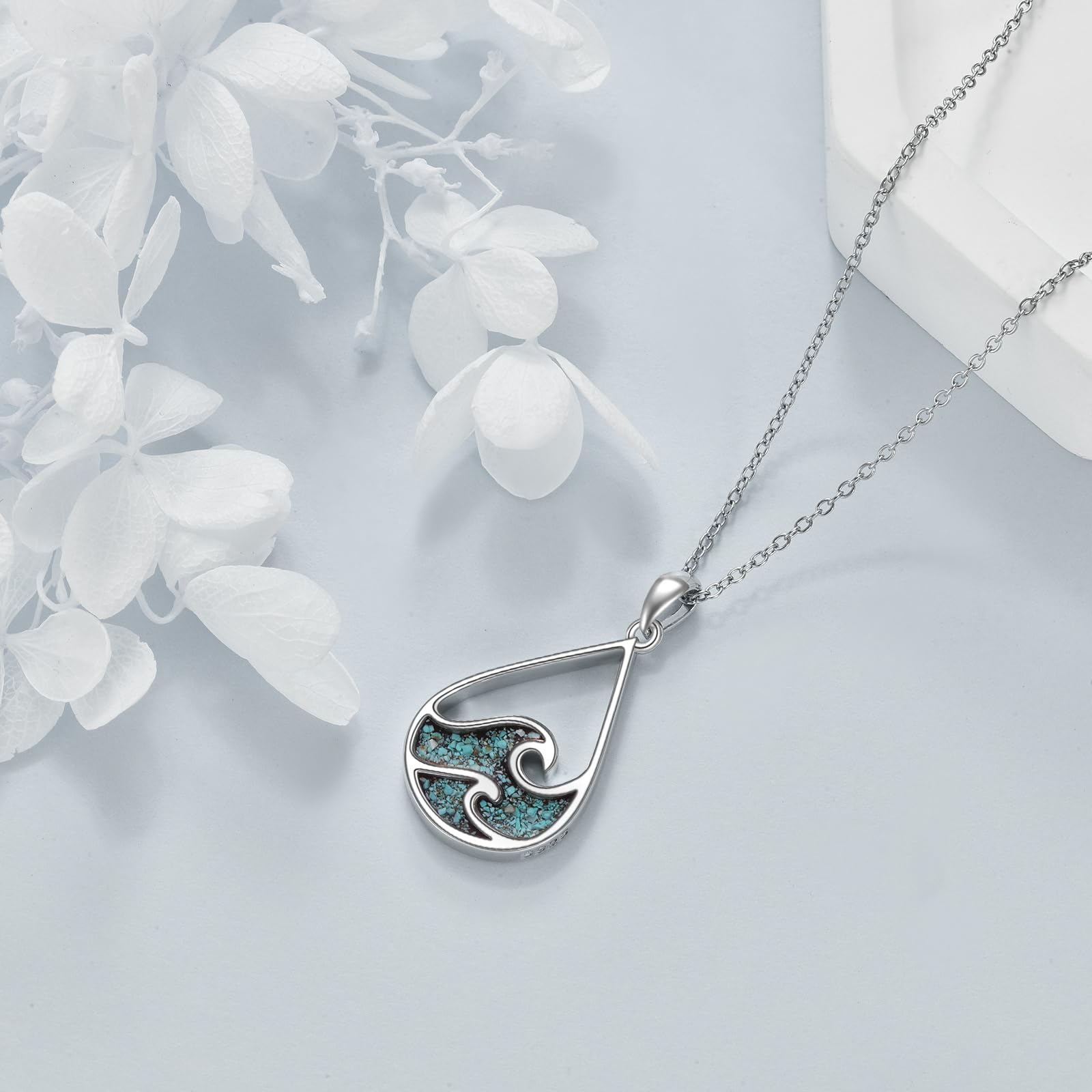 YFN Ozean Welle Halskette Sterling Silber Türkis Anhänger Kette Strand Schmuck Sommer Thema Geschenke für Damen