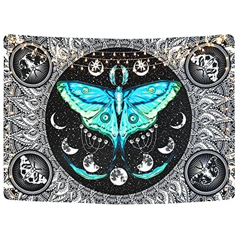 Yugarlibi Butterfly Tapestry Wall Hanging, Moon Phases Mandala Tapestries, Black Mysterious Wall Art for Bedroom Living Room, 82.7x59.1 in (210x150cm) Cover