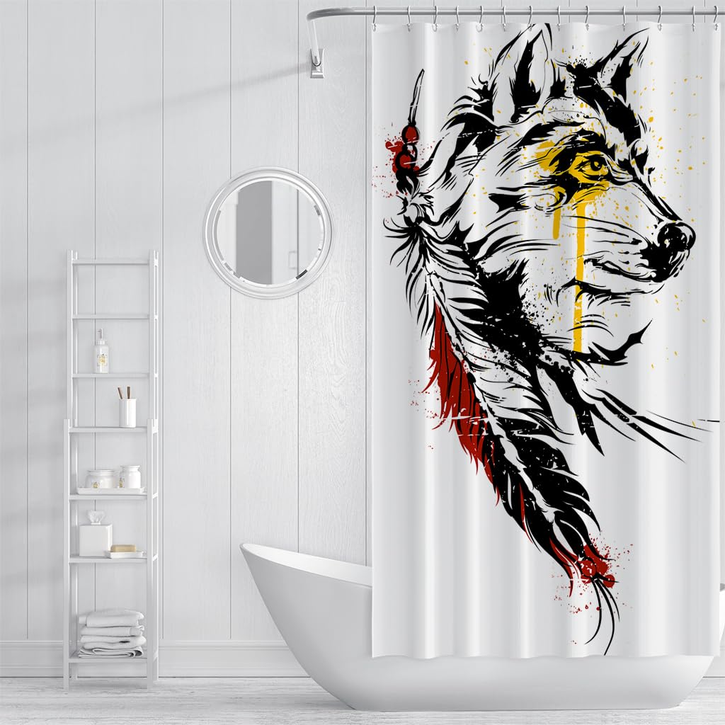 Cortina de Ducha 240 x 200 cm con Estampado de Lobo para Niños, Estilo Bohemio, con Diseño de Pintura en Tinta, Color Blanco, con Ganchos, Impermeable y de Secado Rápido, 240 x 200 cm (1 Paneles).