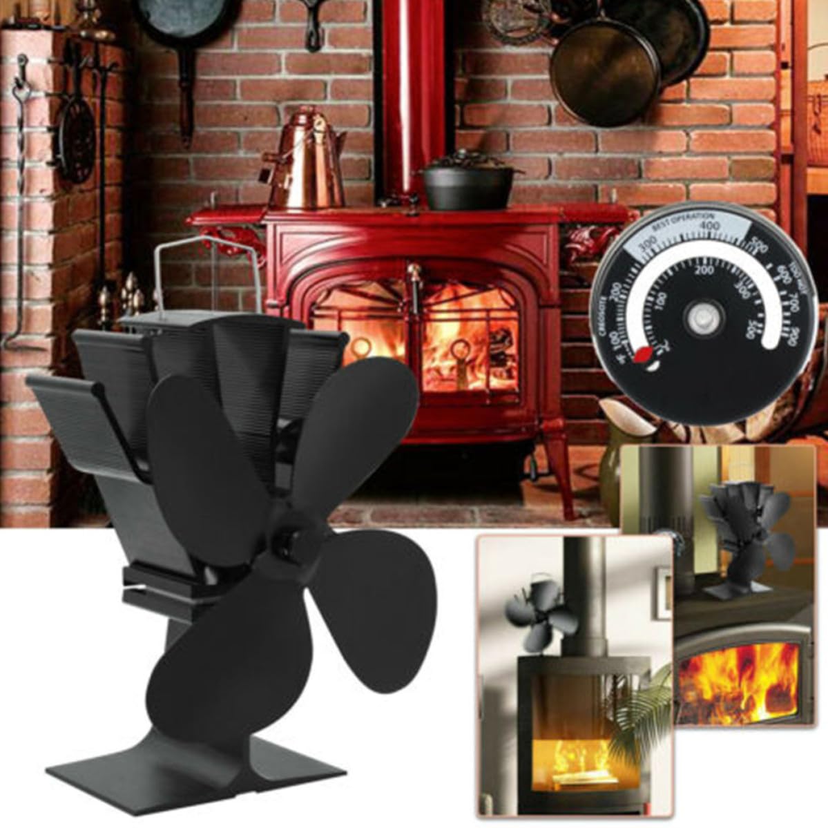 Ventilatore per Stufa a Legna Termico, 4 Pale, Alluminio Anodizzato Nero