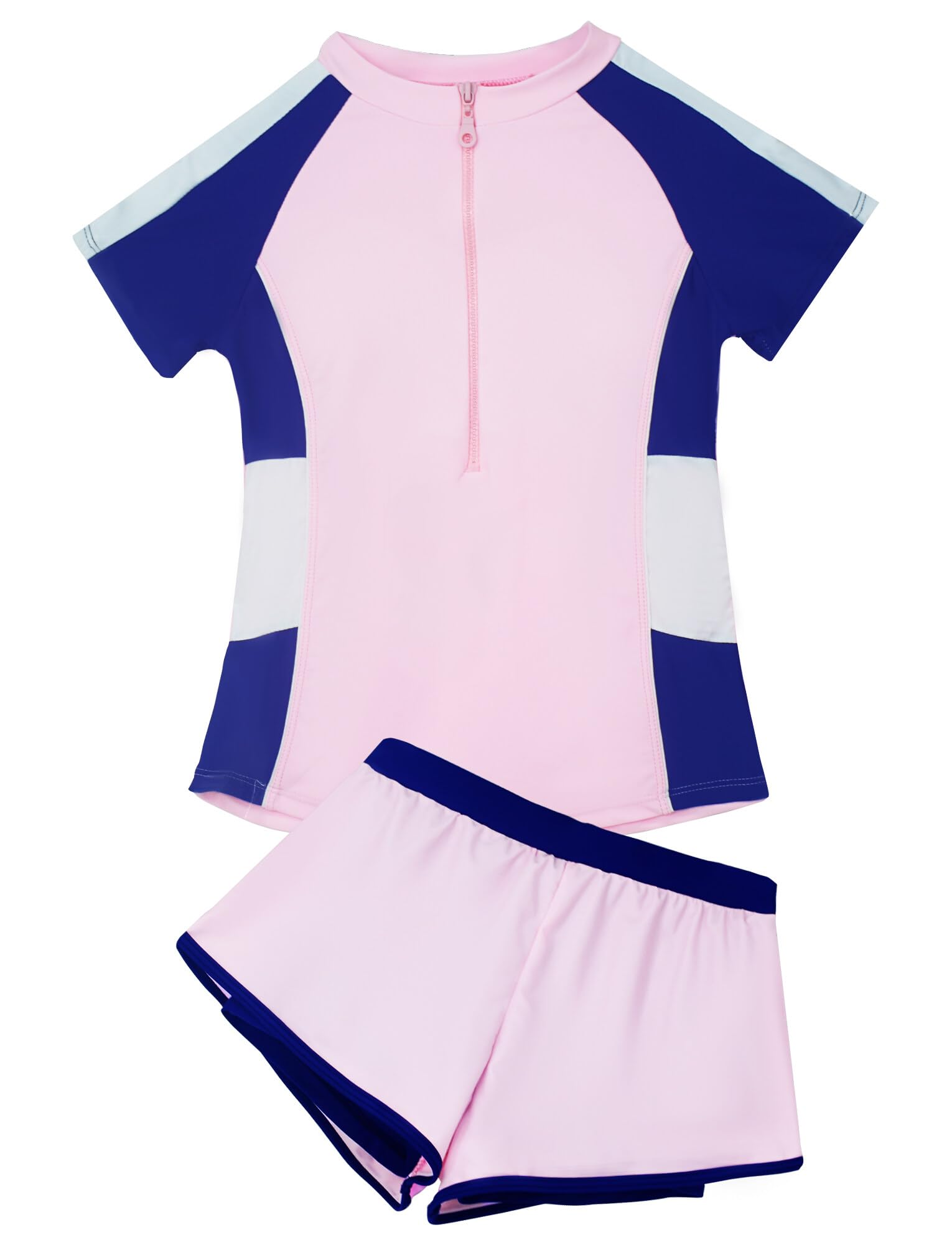 Teen Girls Swim Shorts Set Short Sleeve Surfing Two Piece Swimsuit Zipper Sun Protection Rashguard Swimming Top with Swim Shorts for Beach Pool 14-16 Years