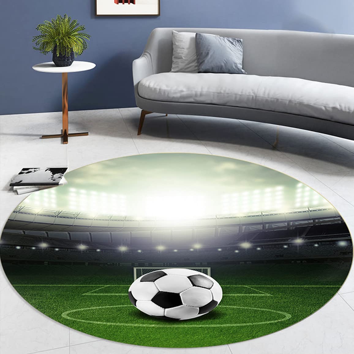 Moderne Flamme Fußball Wohnzimmer Schlafzimmer Teppich Teenager Junge Mädchen 3D Sports Soccer Serie Rutschfester Flanell Stuhlkissen Kinderzimmer Spielbereich Runden Teppich (Grün,120cm)