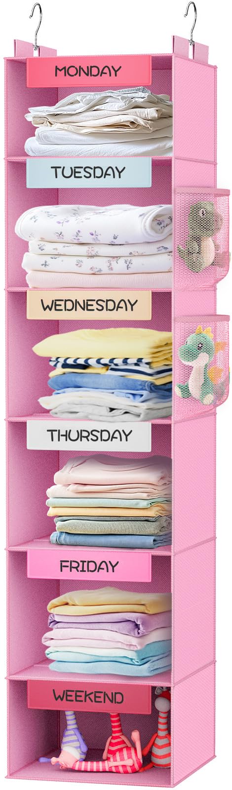 VERONLY Weekly Hanging Closet Organizer for Kids, 6-Shelf Clothes Storage with Labeled Days of The Week Monday Through Friday, Weekday and Weekend, Days of the Week Clothes Organizer