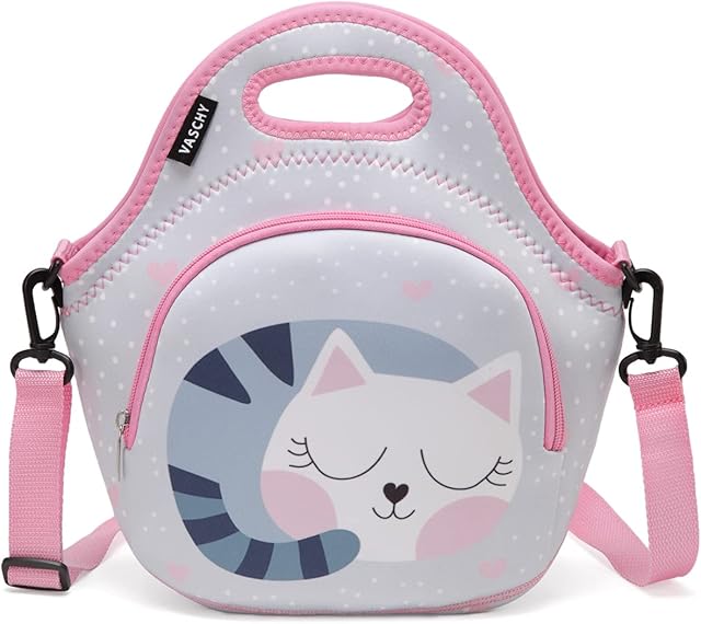 VASCHY Lunch Bag for Girls, Neoprene Thermal Kids Lunch Box Bag Lightweight Foldable Tote Lunch Bag for Children for School Daycare Picnic with Detachable Shoulder Strap, Cat