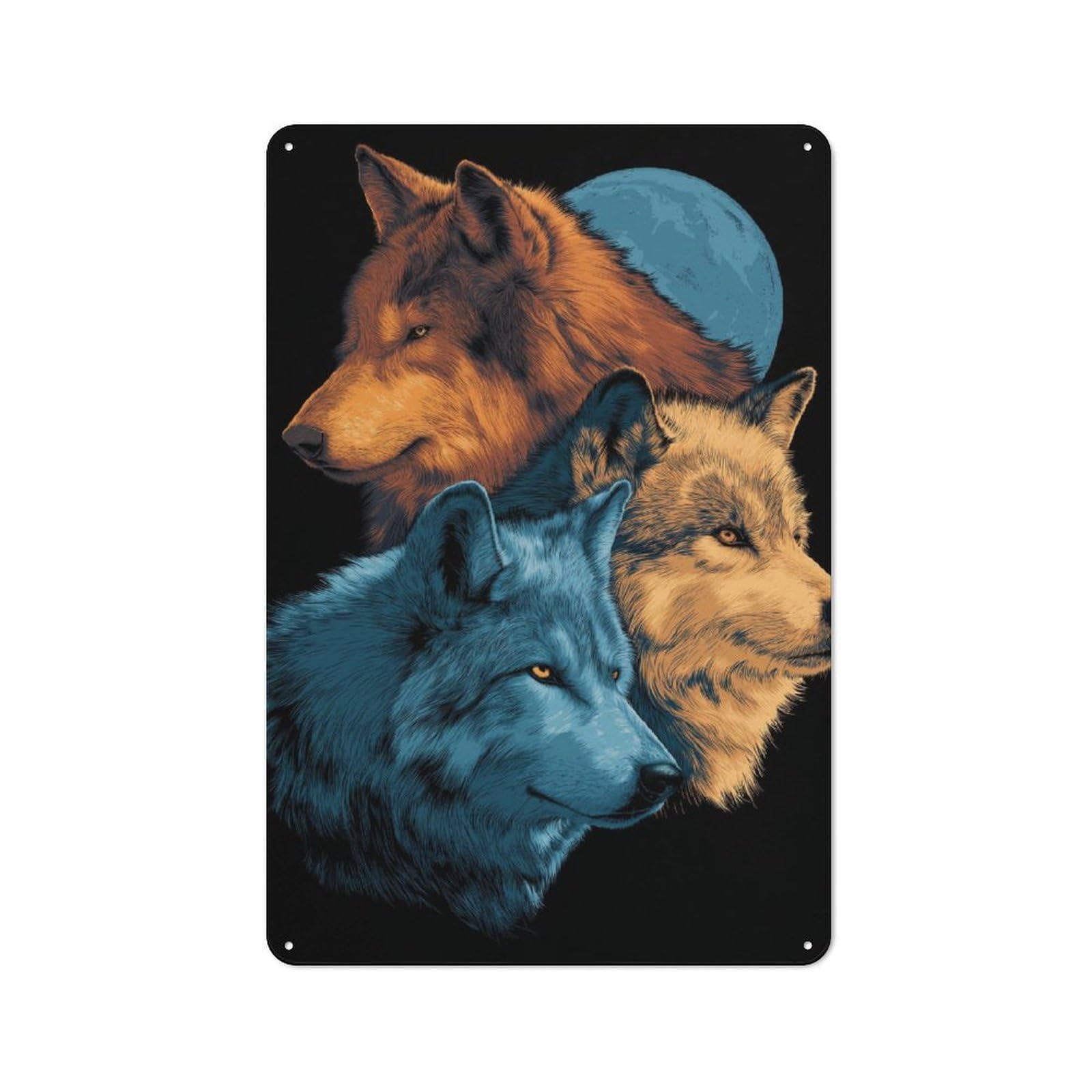 Junmoney Three Wolves Under Moonlight Retro Metal Gift Sign 30X20cm, Home Wall Decor For Flat, Dorm Room, Lounge Or Cafe