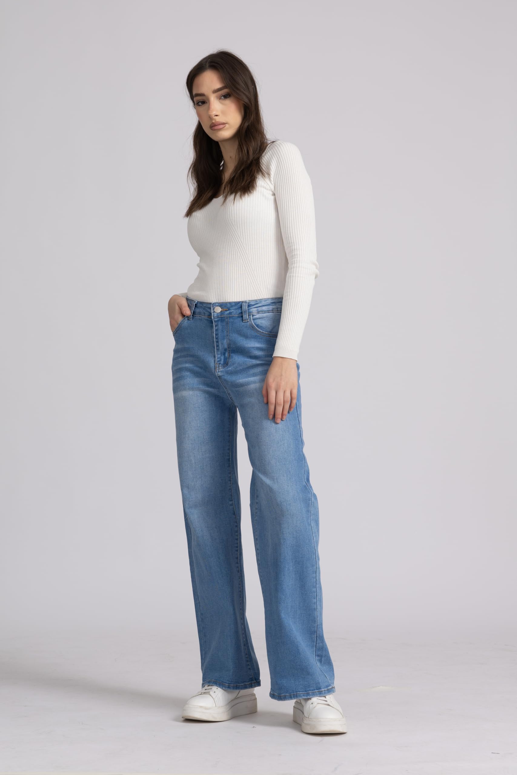 Jeans Donna Vita Alta Larghi Jeans Donna Baggy Wide Leg Fit Jeans FX9050