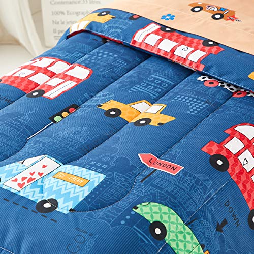 Boys Toddler Bedding Set Navy With Colorful Cars Includes 1 Boys Comforter, Flat Sheet, Fitted Sheet And Pillowcase #TOP2