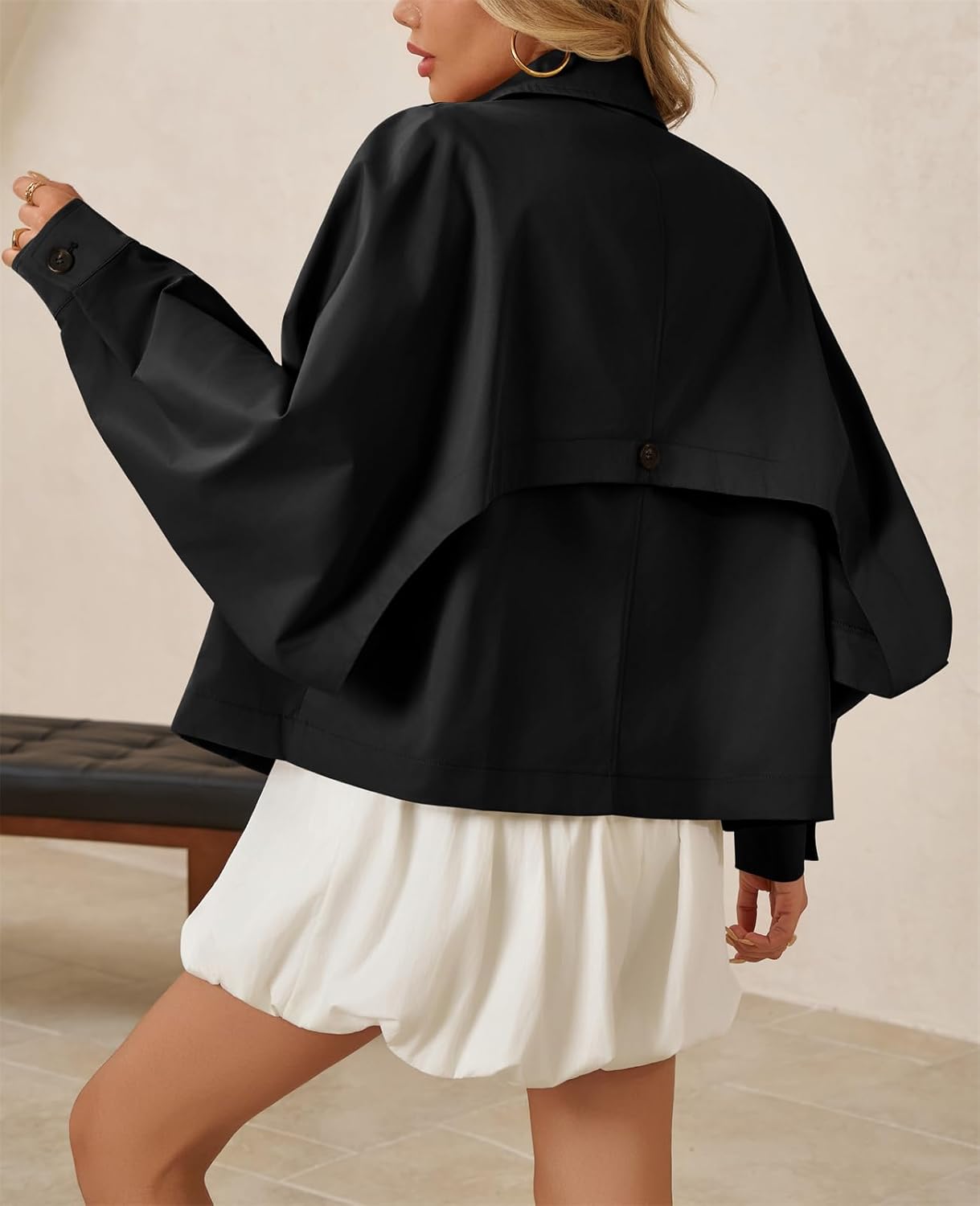 Tankaneo Womens Oversized Cropped Trench Coat Batwing Sleeve Single Breasted Lapel Casual Jackets Fall Button up Outerwear - Image 3