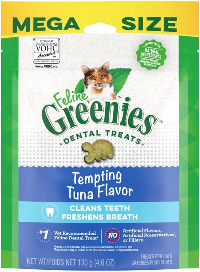 Cat Treats, Veterinarian-Recommended Adult Natural Dental Cat Treats, Tempting Tuna Flavor, 4.6 oz. Tub