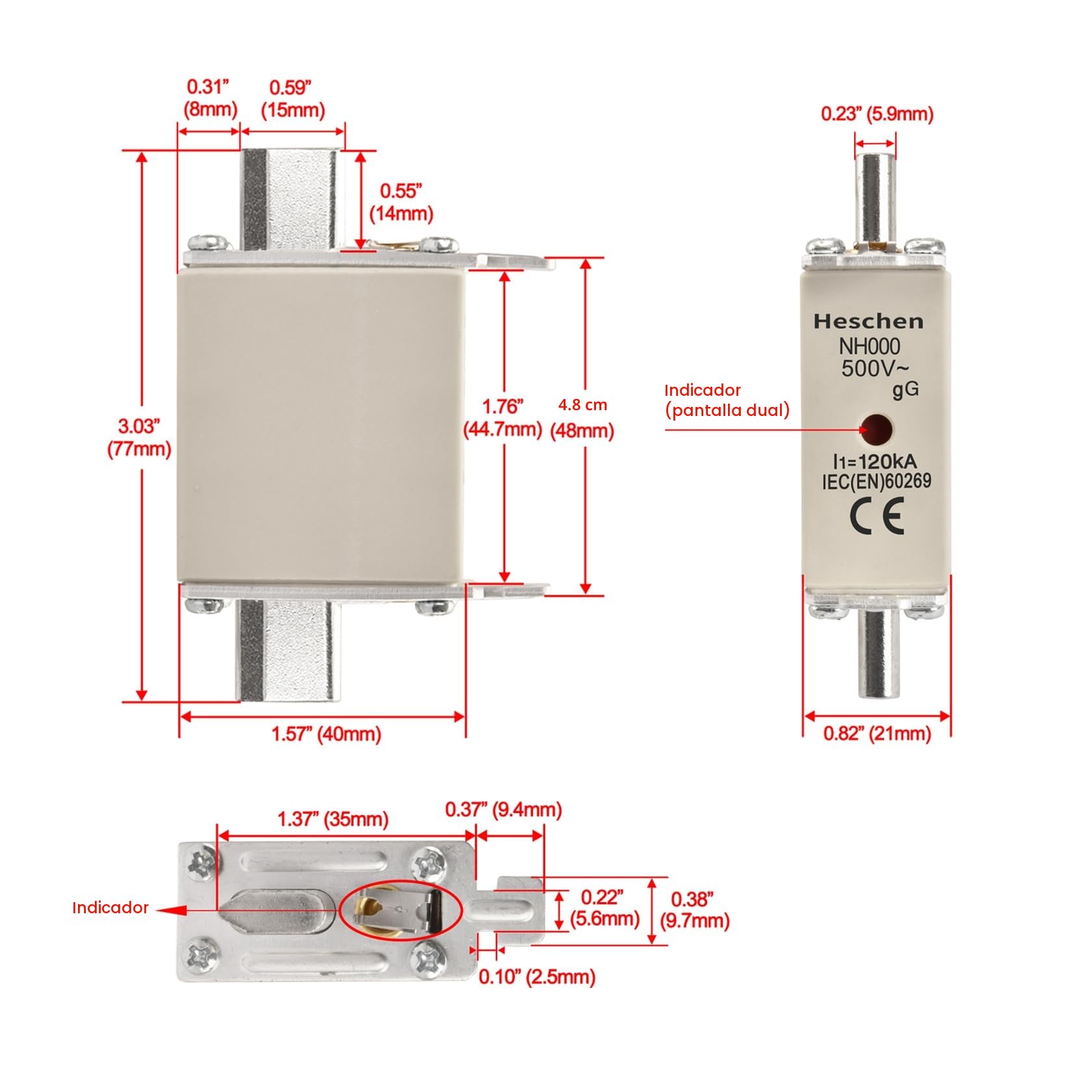 Heschen NH Fusible NH000 63A gG, Indicador Frontal, Detector Combinado, 3 unidades (63A)