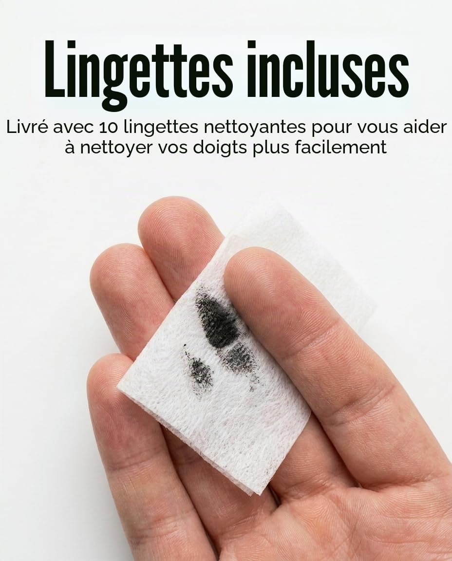 Encreur pour Empreintes Digitales - Encre Noire Sèche Rapidement et Effaçable - Kit Complet avec 10 Lingettes - Idéal pour l'Authentification des Documents et l'Identification