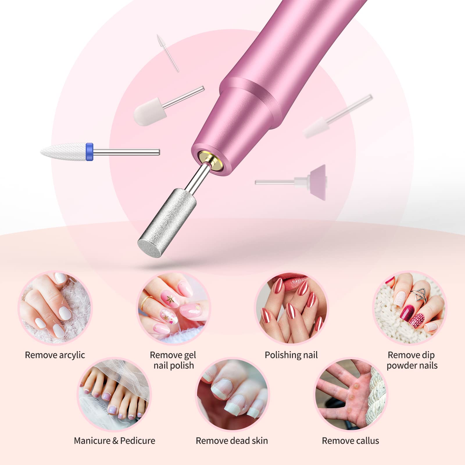 Torno para Uñas Profesional, Lima Electrica Uñas 12 en 1 Kit de Manicura y Pedicura Eléctrico Pulido Salón DIY Hogar, Velocidad Ajustable, Día de la Madre Regalo (rosa)