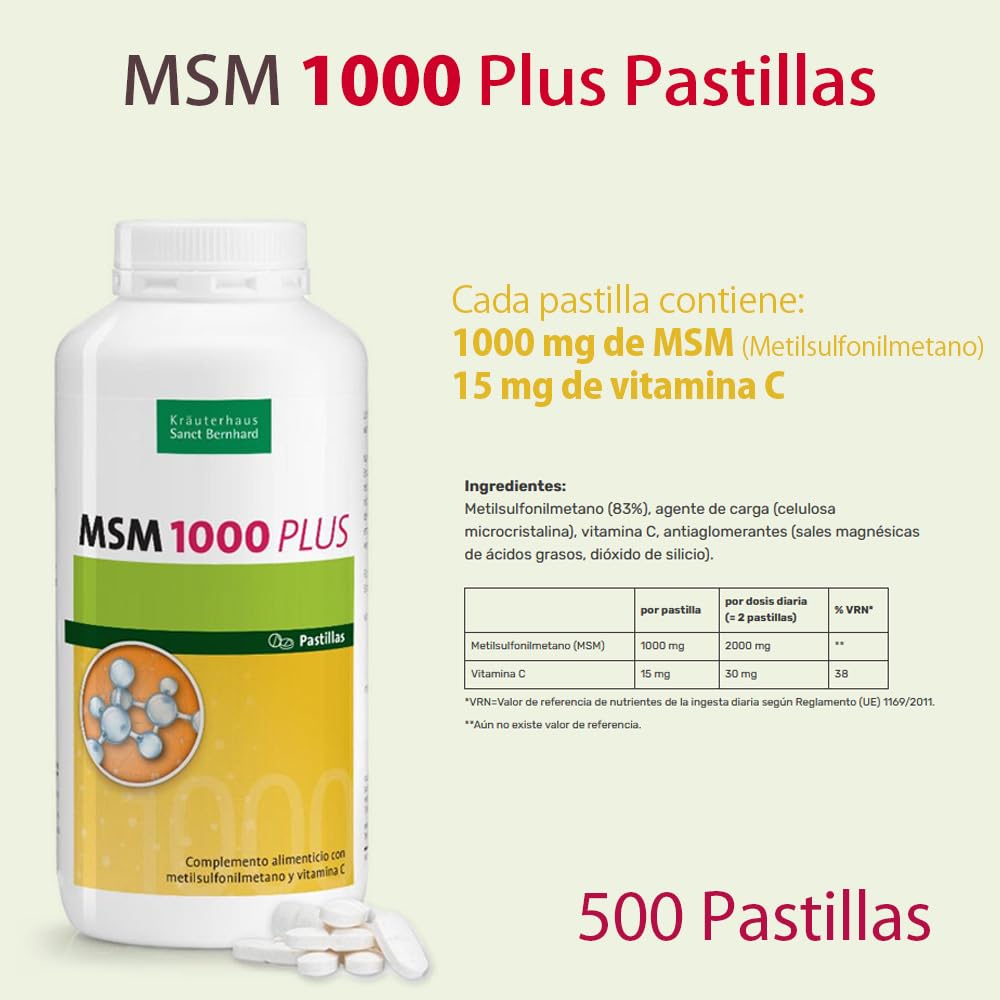 MSM 1000mg Plus Vitamina C - 500 Pastillas para hasta 500 días, apto para veganos