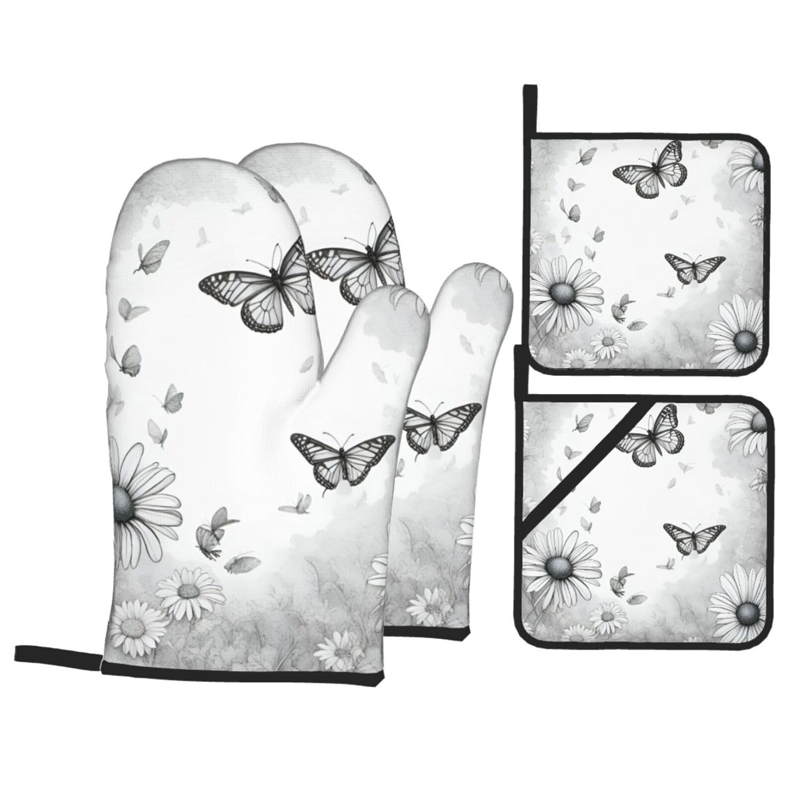 Butterfly Daisy Print 4-Piece Oven Microwaving Set Waterproof Kitchen Gloves for Baking Grilling Cooking