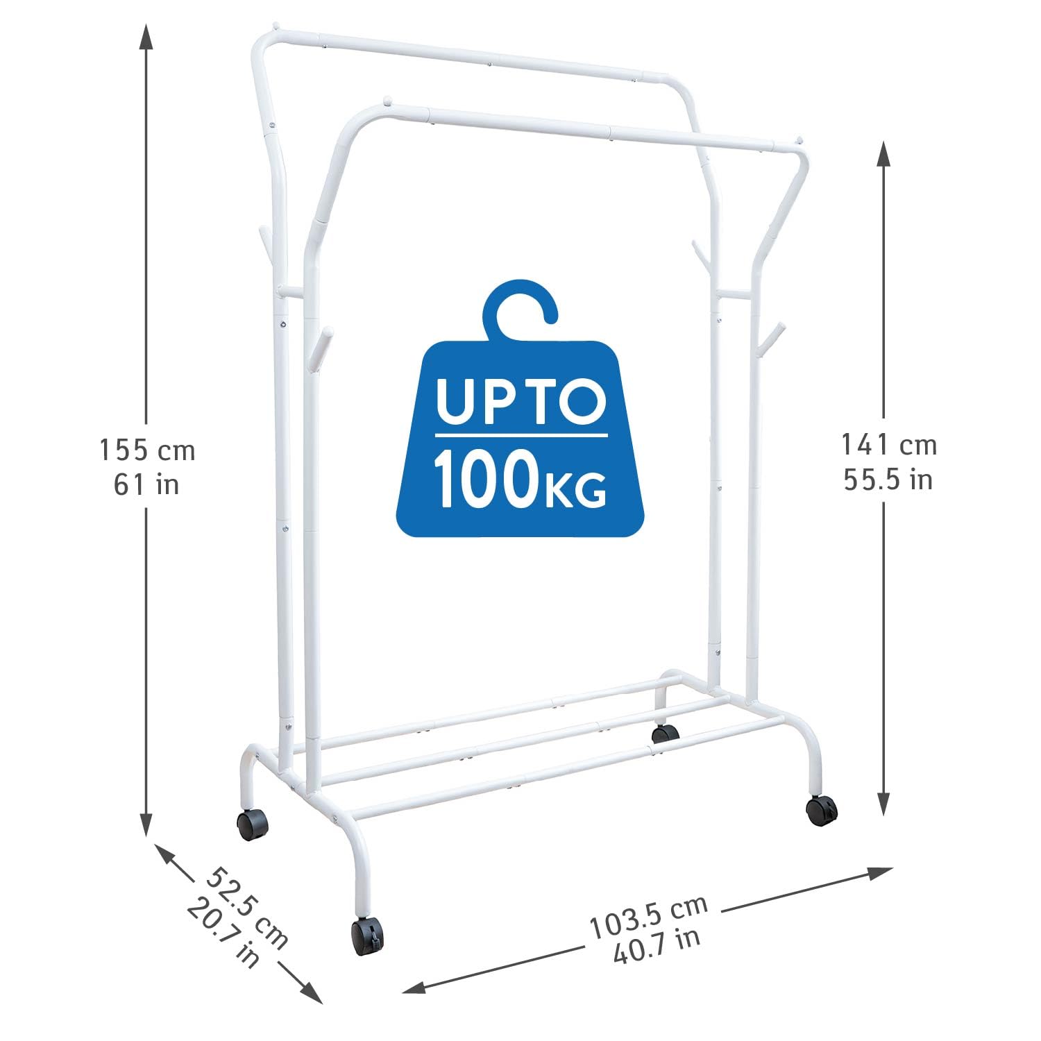 Tatkraft Swan - Burro Ropa Resistente con Ruedas, Hasta 100 kg, Blanco | Burro para Ropa, Perchero Burro, 103x52.5x155 cm, con Estante, Perchero Burro con Doble Barra, Metal