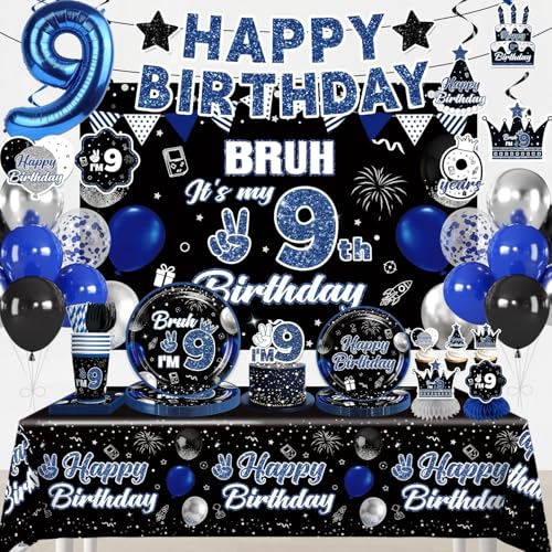 215 Pcs 9th Birthday Decorations for Boys 9th Birthday Banner Plate and Napkins Set Backdrop Tablecover 9 Foil Balloon Blue Black Bruh Im 9 Year Old Boy Party Decorations