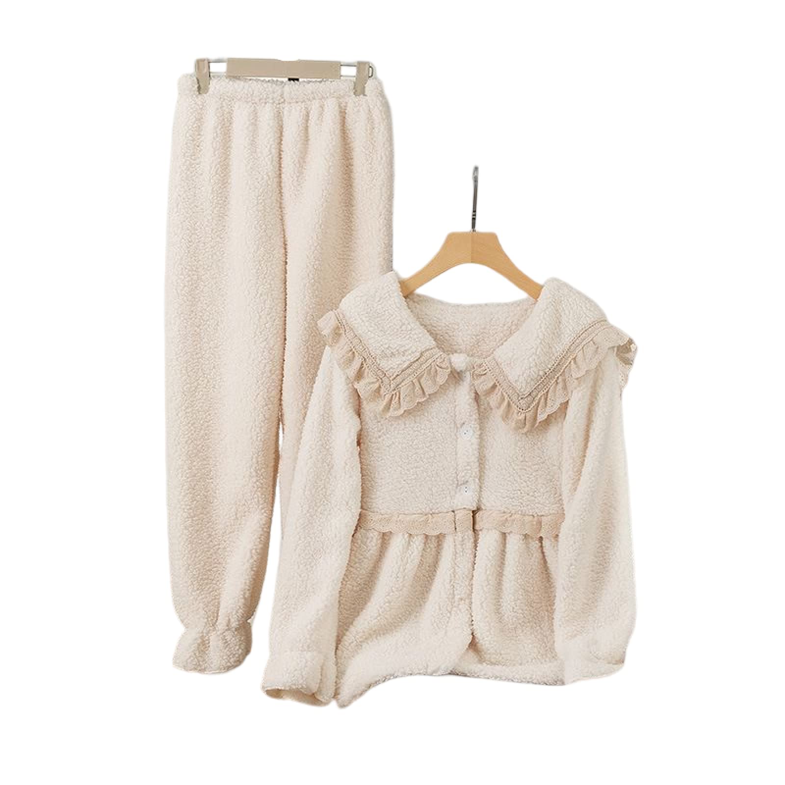 CBROOT Set Pigiama in Pile Donna -Pigiama Caldo di Flanella A Due Pezzi Sexy Pizzo Abbigliamento per La Casa Autunno Inverno Pigiama Donna Antivento con Tasca Loungewear