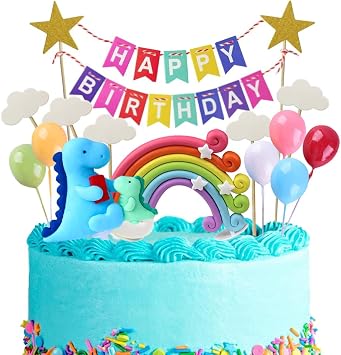 Xihuimay 16pcs Cake Topper Birthday Set Happy Birthday Banner Topper Handmade Dino Cupcake Topper including Colorful Rainbow Clouds Balloon Stars Picks for Boys Girls Birthday Party Decoration
