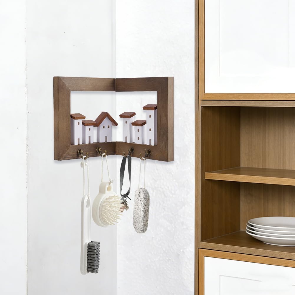 AHANDMAKER Wood Key Rack Wall Mount House Design Key Rack Holder with 4 Hooks for Wall Mount Entryway Organization Housewarming Decor Gift, 6x7x0.8in Brown