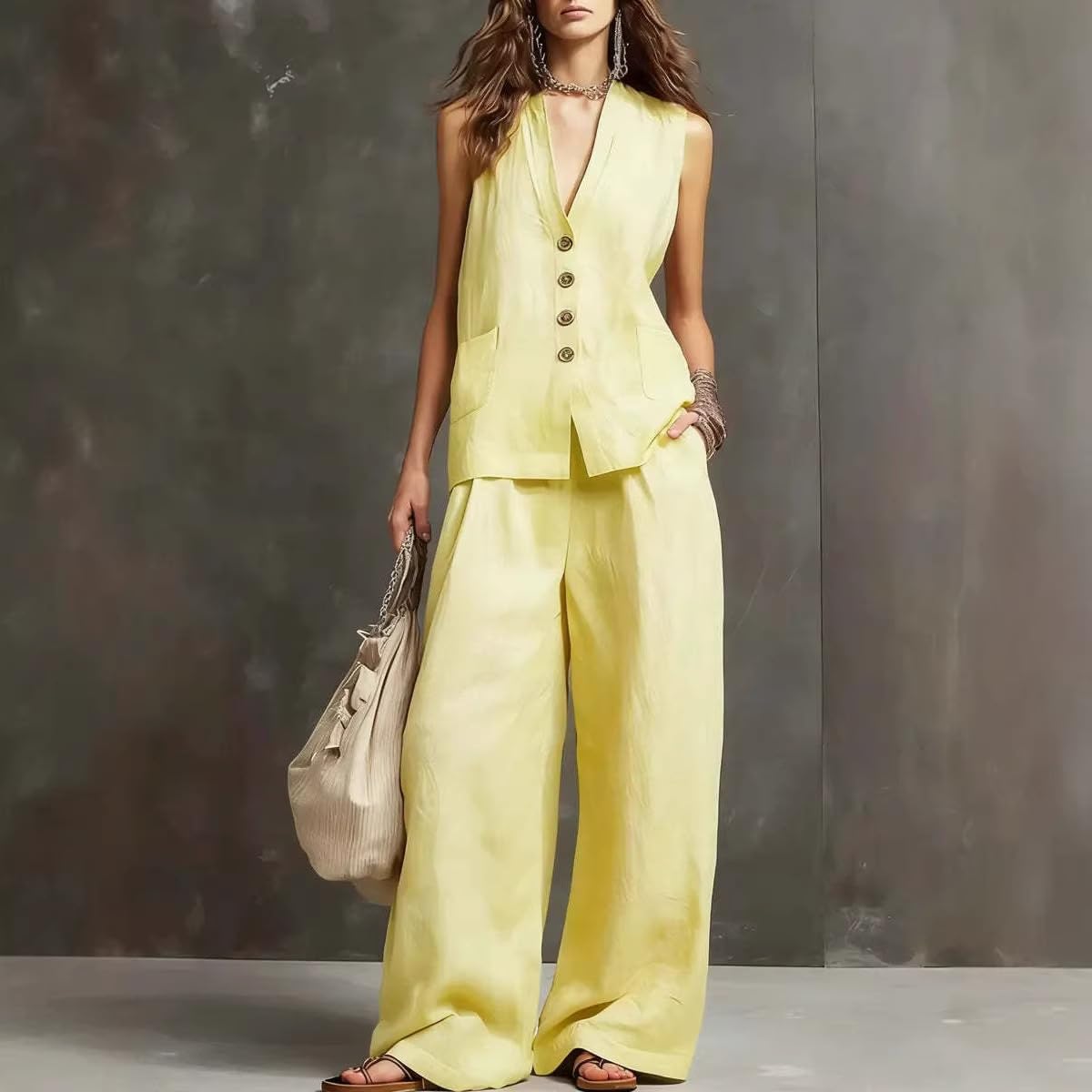 Ensemble Femme Ensemble Deux Pièces Pour Femme En Lin Idéal Pour L'Été : Tailleur Pantalon Gilet Sans Manches À Col V Et Pantalon Large Parfait Pour L'Aéroport Ou Une Tenue Décontractée Au B