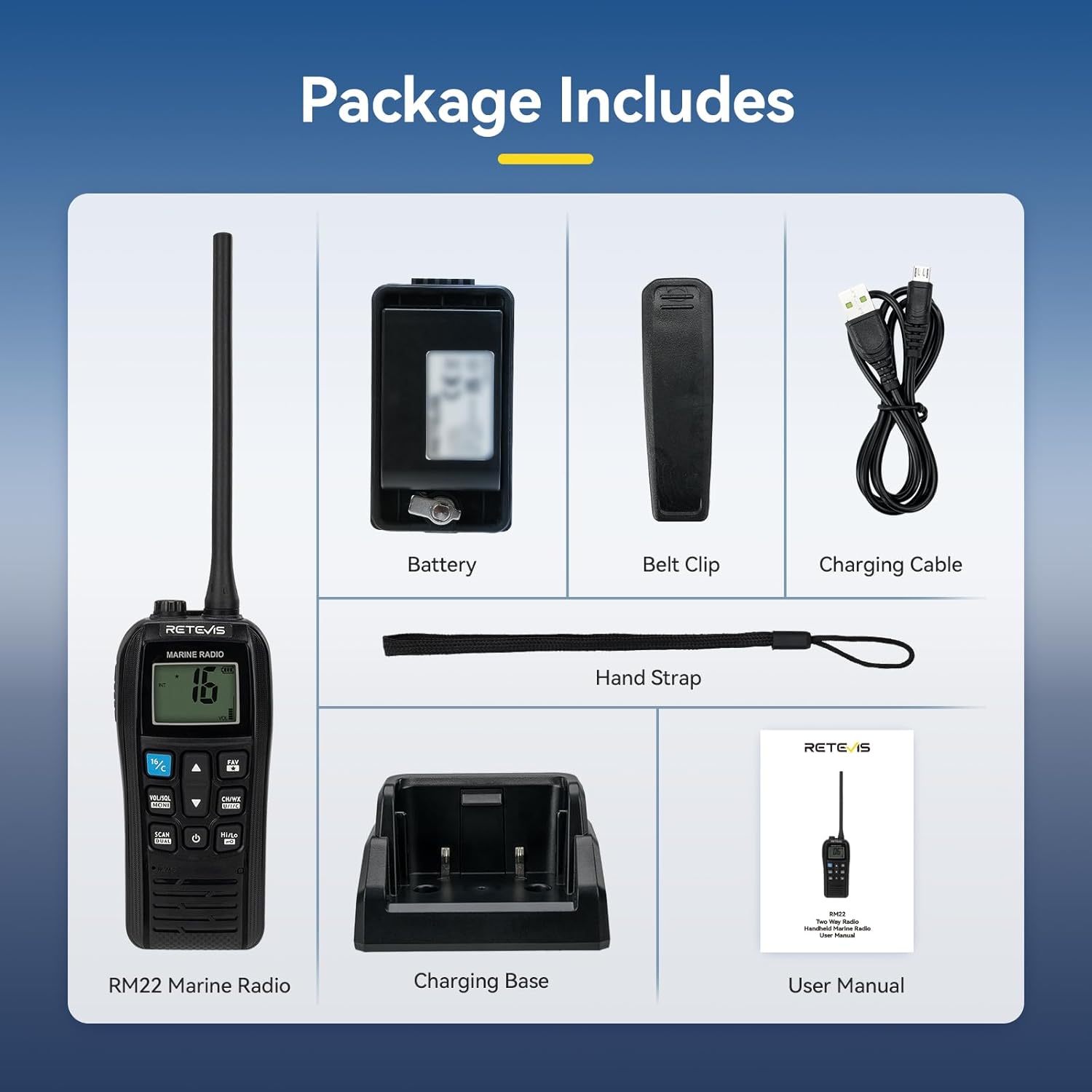Contents of the Retevis RM22 package including the radio, battery, belt clip, charging base, charging cable, user manual, and hand strap.