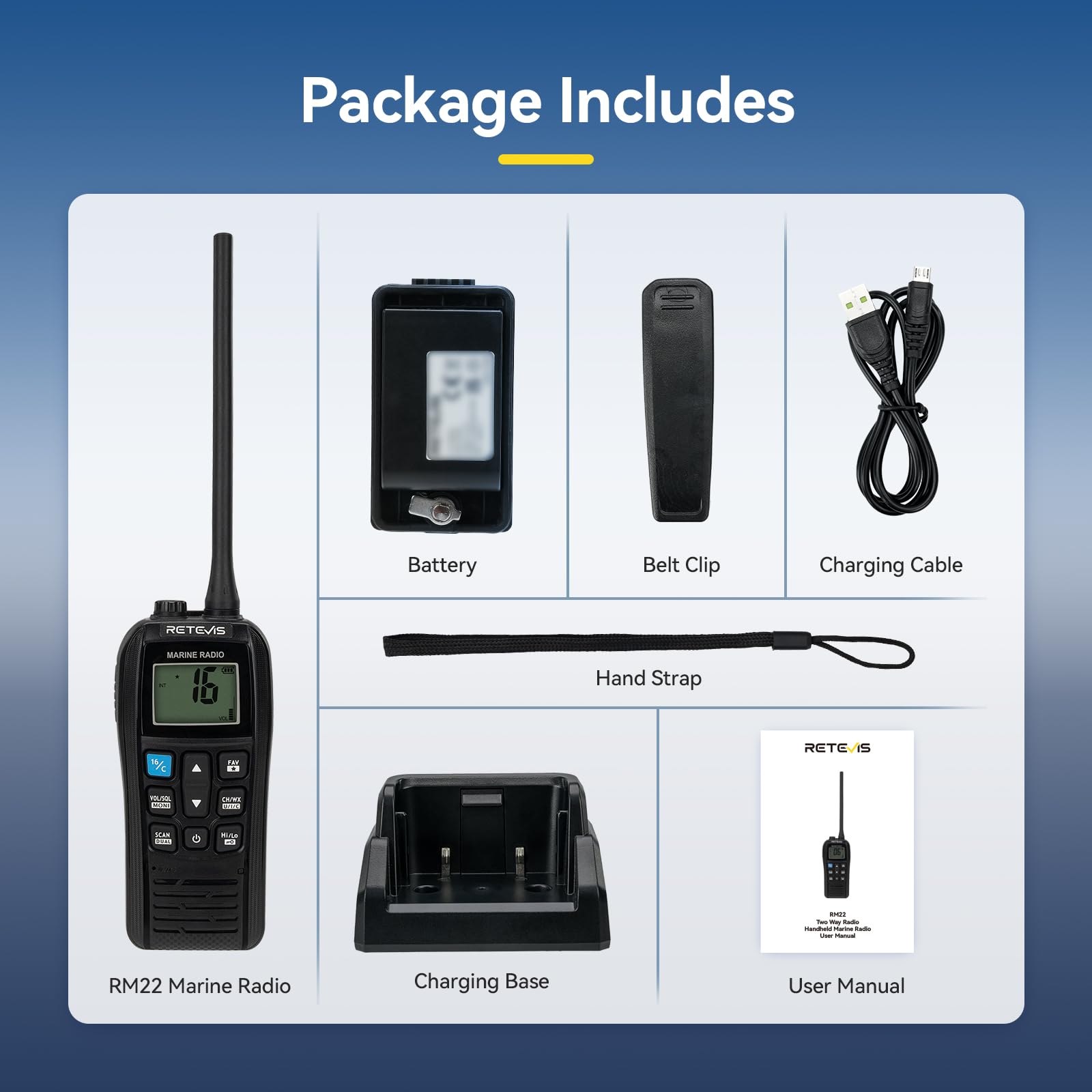 Retevis RM22 VHF Radio Marina, Walkie Talkie Impermeable IP67, Flotante, 2200 mAh, 88 Canales, Audio 900 MW, Radio Marina Bidireccional de Largo Alcance para Kayak, Pesca, Vela (Negro, 1 Pieza)