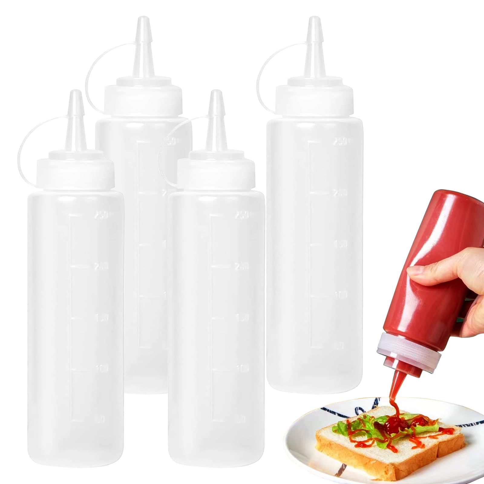 YWKJDDM Multipurpose Squirt Bottles, Squeeze 4PCS Sauce Dispenser - Plastic Condiment Bottle for BBQ, Olive Oil, Sauce (250ML)