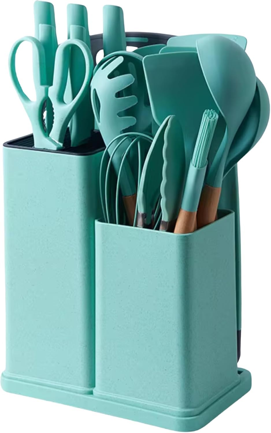 19 PCS Silicone Cooking Utensils Set with Wooden Handle, Heat-Resistant Non Stick Kitchen Utensils Set for Baking, Mixing and Serving, Essentials Kitchen Tools for New Homes and Gifts (Green)
