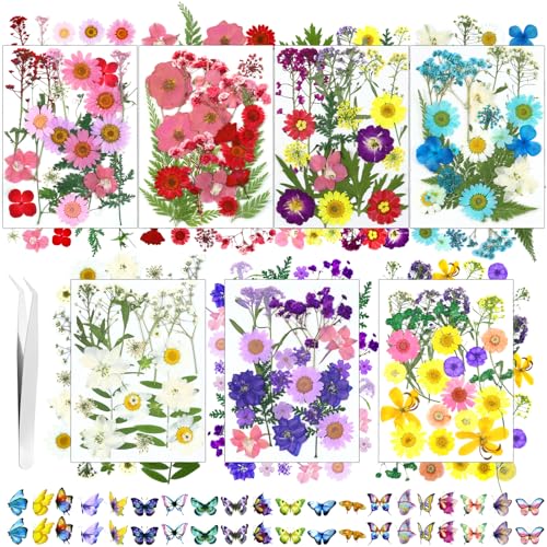 Image of 190 Pcs Dried Pressed Flowers for Resin, Real Dried Pressed Flowers for Resin Butterfly Stickers DIY Art with Tweezers Crafts Decorate for Candles Jewelry Nail Crafts