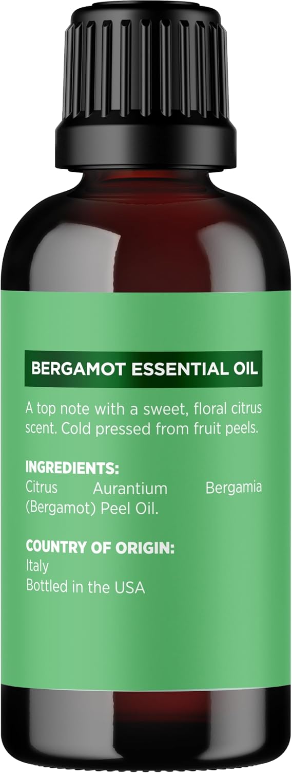 Bergamot Essential Oil for Diffuser Aromatherapy - 100% Pure Citrus Bergamot Oil for Hair Skin and Nails Plus Undiluted Relaxing Aromatherapy Essential Oil for Diffusers Baths and Topical Uses 1oz