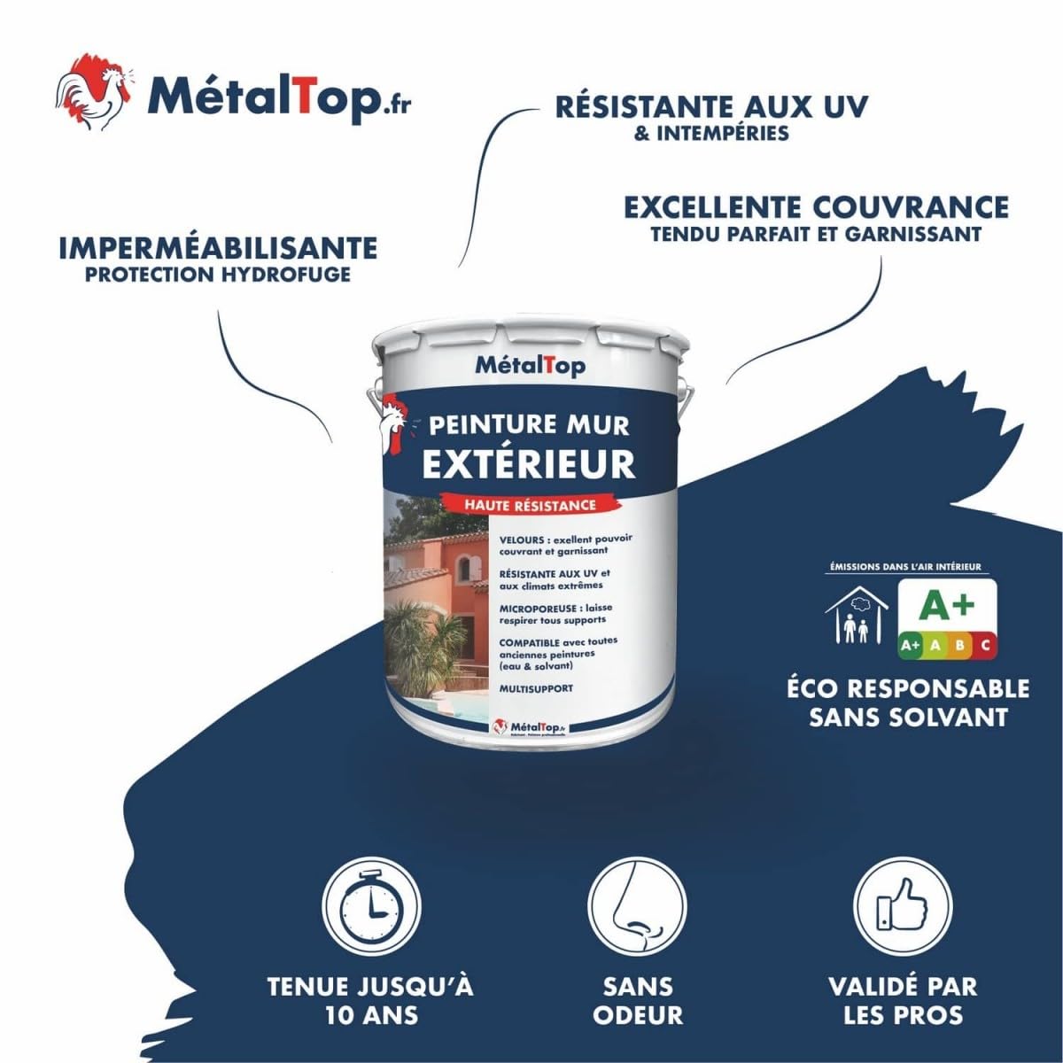 Metaltop - Peinture Mur Exterieur - Blanc pur - RAL 9010-1 L - Peinture microporeuse, application sur crépi, béton, brique pour une protection jusqu'à 10 ans