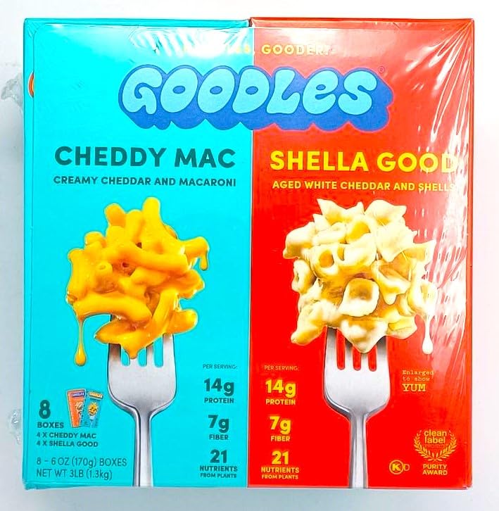 Goodles Mac & Cheese Variety Pack. 8 x 6 oz boxes. 4 Cheddy Mac & 4 Shella Good. 14g Protein, 6g Fiber with Prebiotics, 21 Plant-Based Nutrients and Made with Real Cheese.