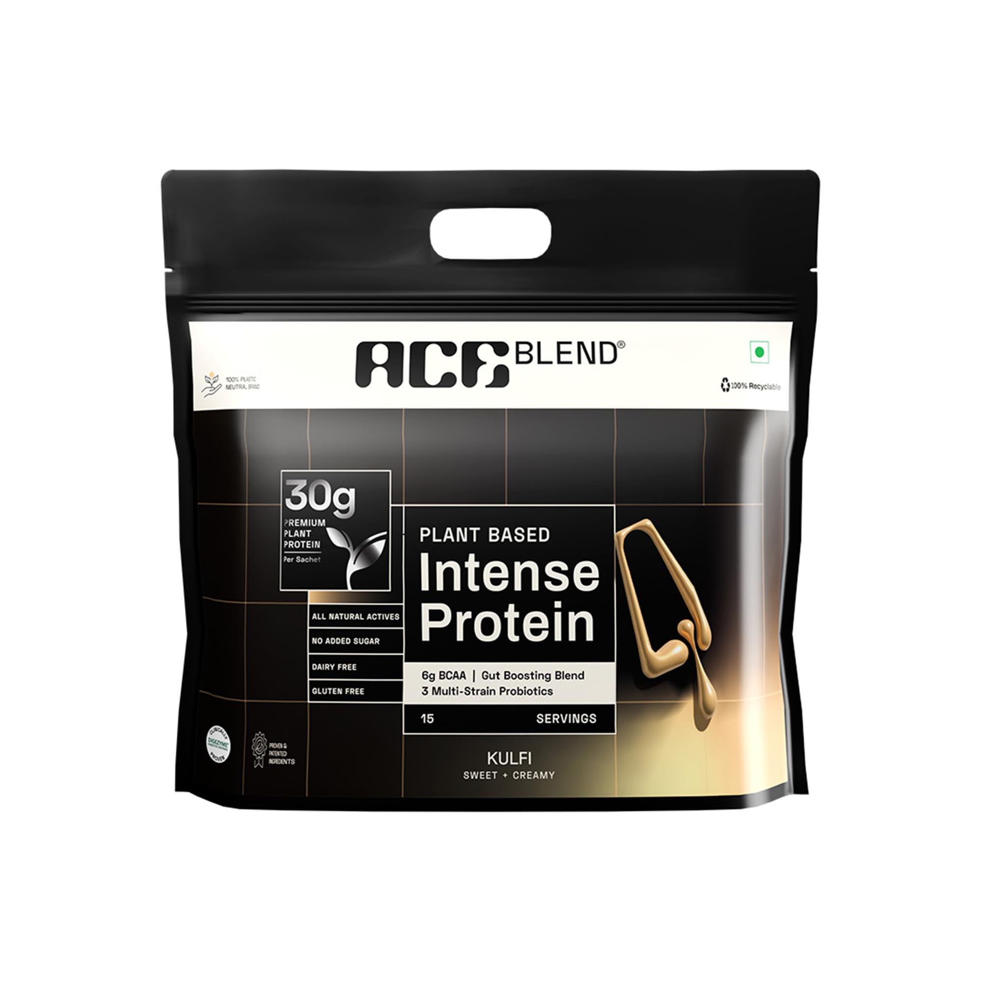 Ace Blend Intense 30G Plant Protein (30 Servings) | Pea & Brown Rice Isolate | 6G BCAA | Complete Amino Acid Profile | Gut Friendly | Muscle Growth & Recovery | Men & Women | Kulfi Flavour