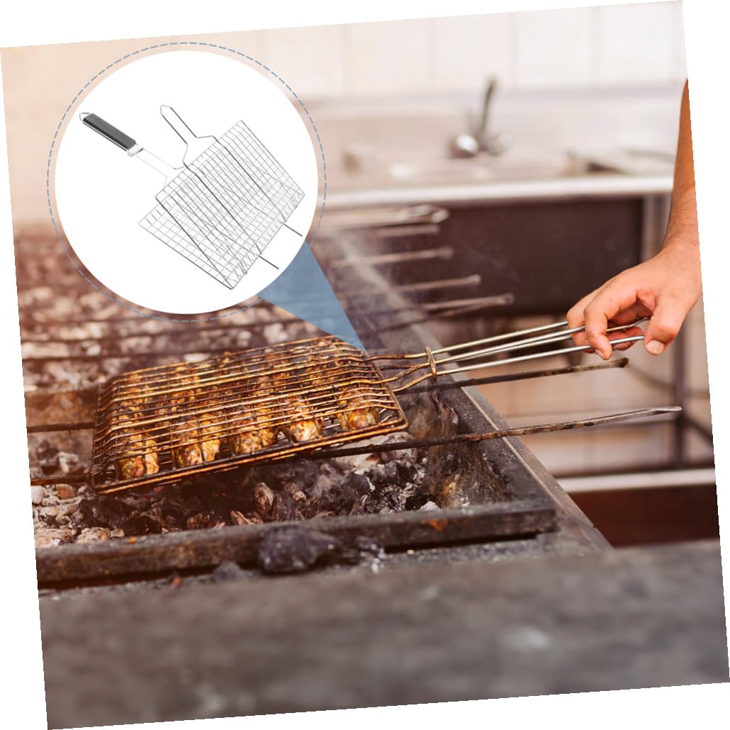 Cestello Griglia Barbecue Rettangolare in Acciaio Inox Nero | Manico in Legno, Superficie Liscia e Riscaldamento Uniforme, per Cottura Domestica e Barbecue All'aperto