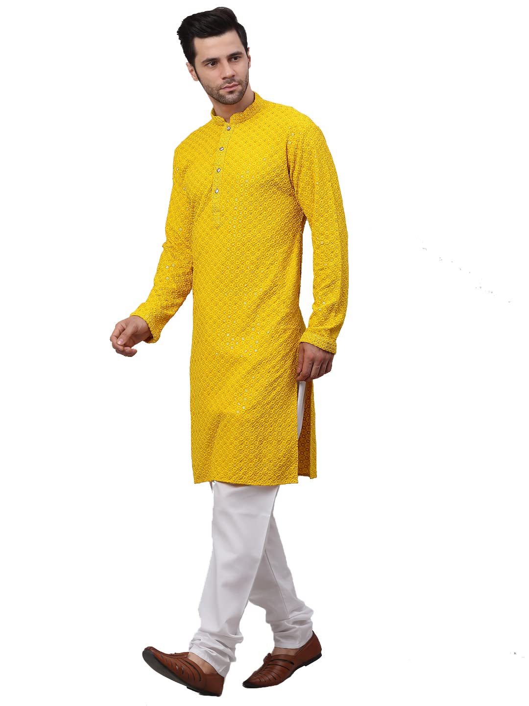 Jompers Men Chikankari Embroidered And Sequence Kurta With Churidar (Yellow, Xxl)
